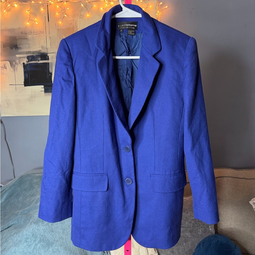 Vintage Liz Claiborne Collection Royal Blue 100% Wool Blazer Petite 4P โจ